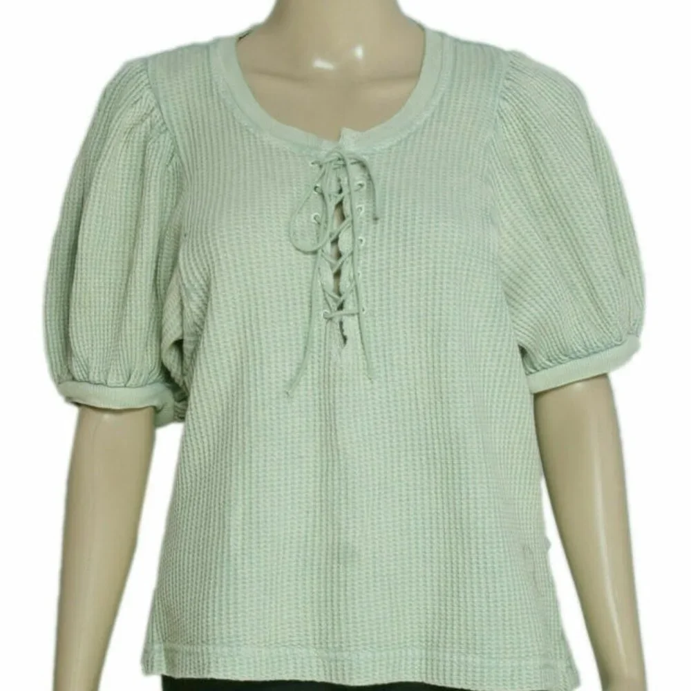 Free People FP One Hayden Thermal Waffle Knit Puff Sleeve Top M NEW